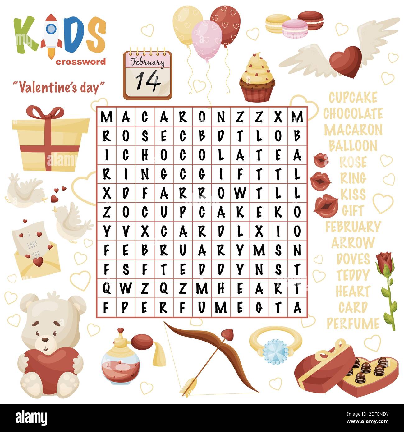 easy word search crossword puzzle valentine s day for children in elementary primary and middle school fun way to practice language comprehension stock vector image art alamy