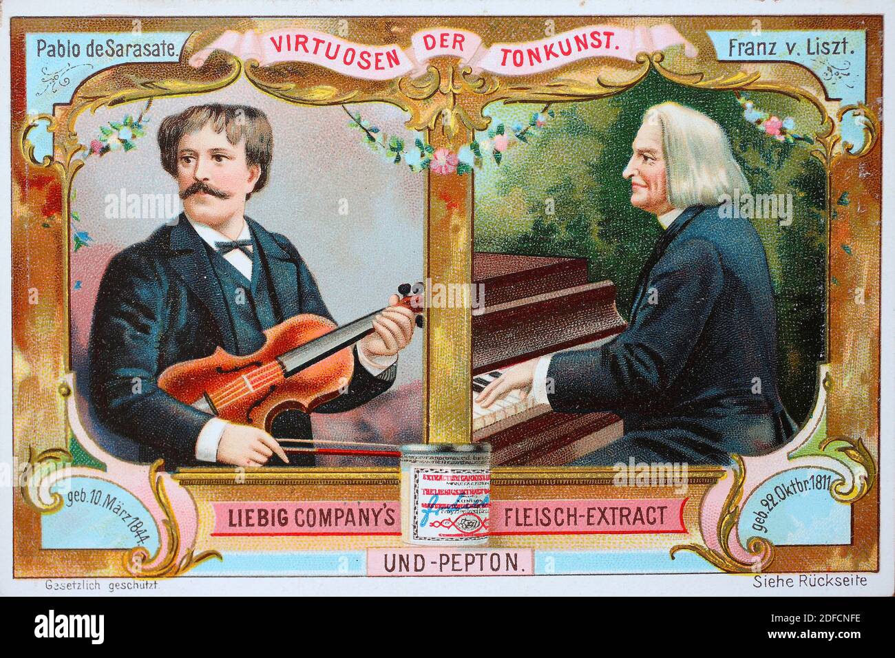 Picture series Virtuosos of the Art of Sound, Pablo de Sarasate and Franz Liszt  /  Bildserie Virtuosen der Tonkunst, Pablo de Sarasate und Franz Liszt, Liebigbild, digital improved reproduction of a collectible image from the Liebig company, estimated from 1900, pd  /  digital verbesserte Reproduktion eines Sammelbildes von ca 1900, gemeinfrei, Stock Photo