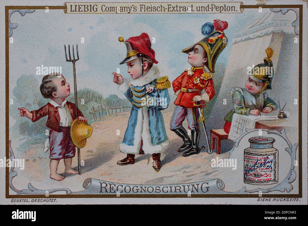 picture series kitschy child soldiers, Recognoscirung  /  Bildserie kitschige Kindersoldaten, Recognoscirung, Liebigbild, digital improved reproduction of a collectible image from the Liebig company, estimated from 1900, pd  /  digital verbesserte Reproduktion eines Sammelbildes von ca 1900, gemeinfrei, Stock Photo