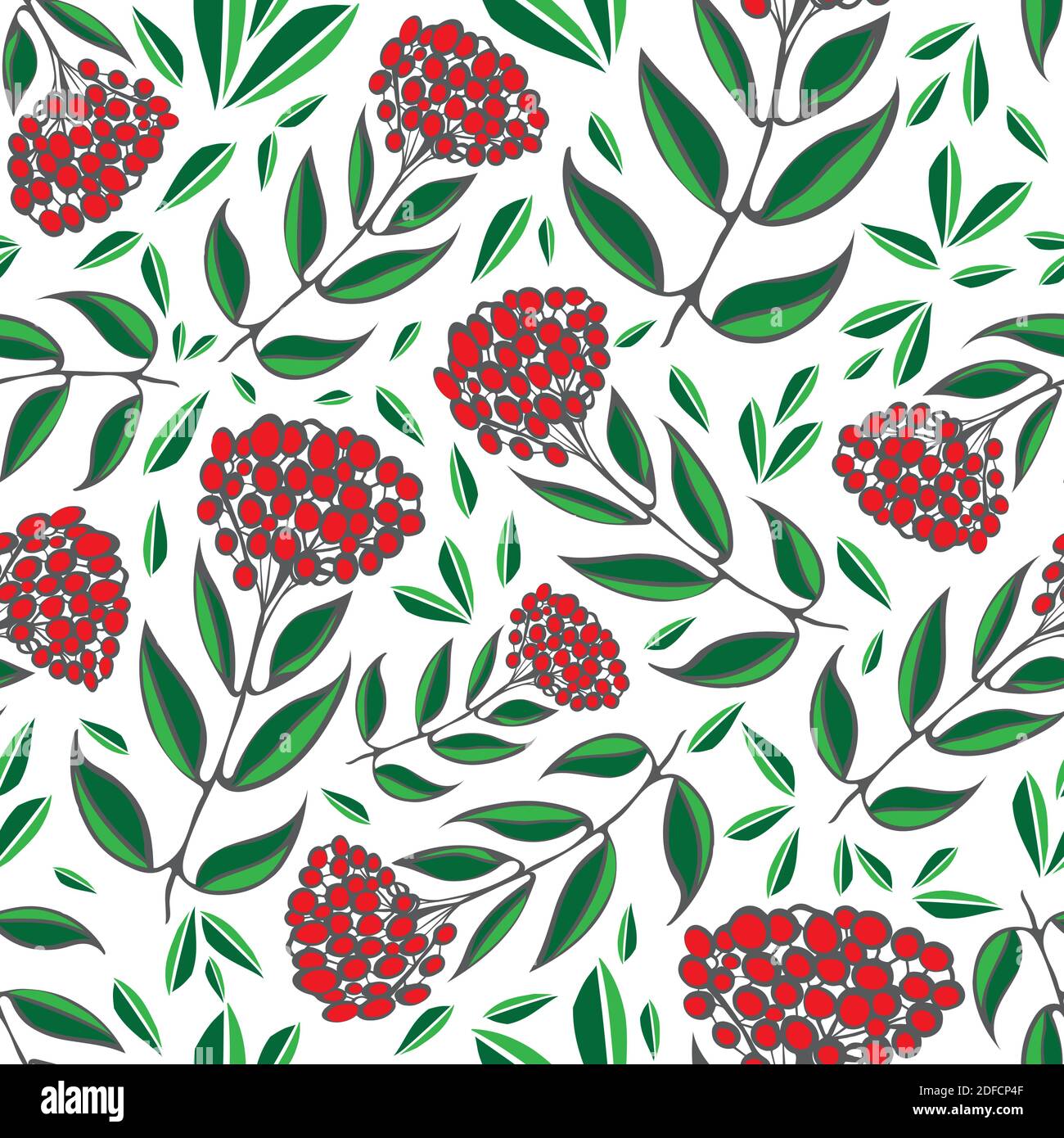 Vector Cotoneaster berries and leaves. Seamless red, white, green pattern background. Backdrop with scattered hand drawn forest garden fruit and Stock Vector