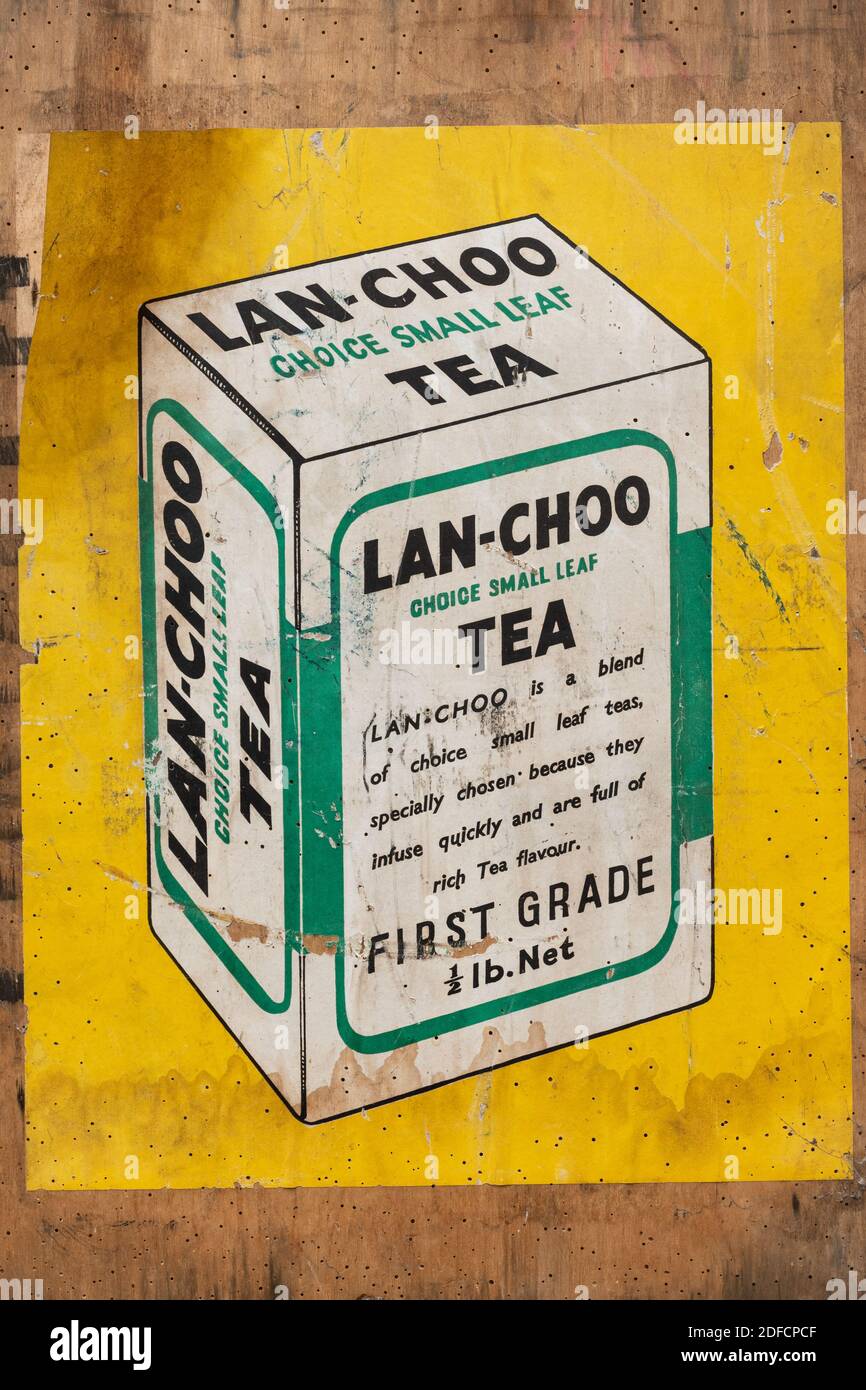 Vintage poster for Lan-Choo Tea on an old wooden shipping crate Stock Photo