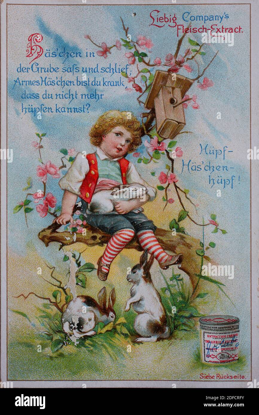 picture series children's games, bunny in the pit, sat and slept  /  Bildserie Kinderspiele, Häschen in der Grube, saß und schlief, Liebigbild, digital improved reproduction of a collectible image from the Liebig company, estimated from 1900, pd  /  digital verbesserte Reproduktion eines Sammelbildes von ca 1900, gemeinfrei, Stock Photo