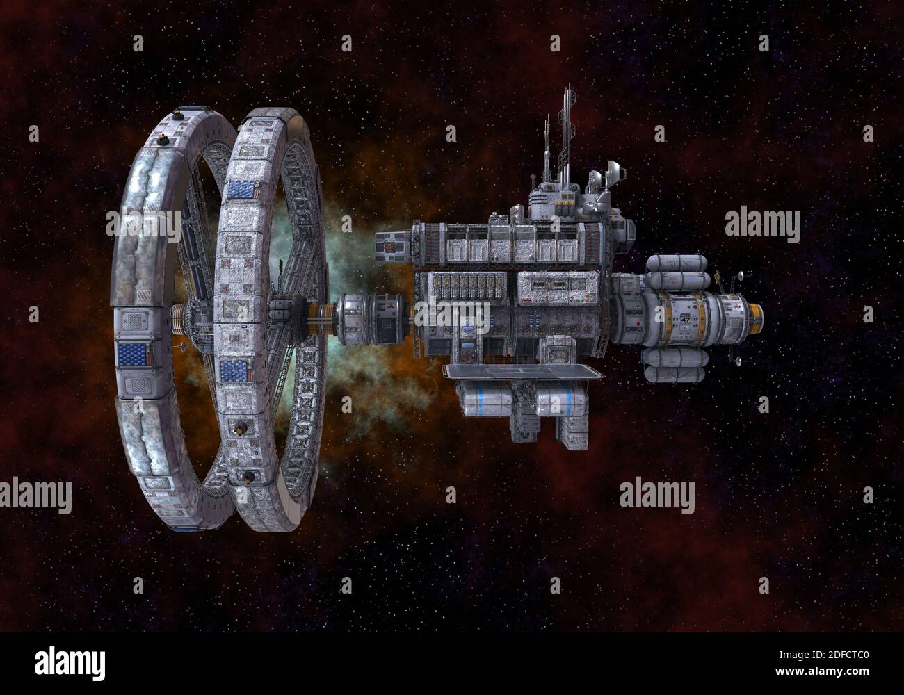 3D illustration future space station in deep space Stock Photo - Alamy