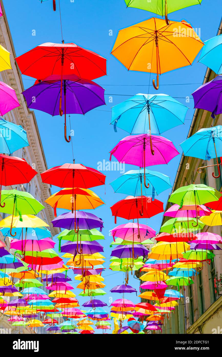 Colored umbrellas are hanging coloring the sky over city street, sweep  overhead Stock Photo - Alamy