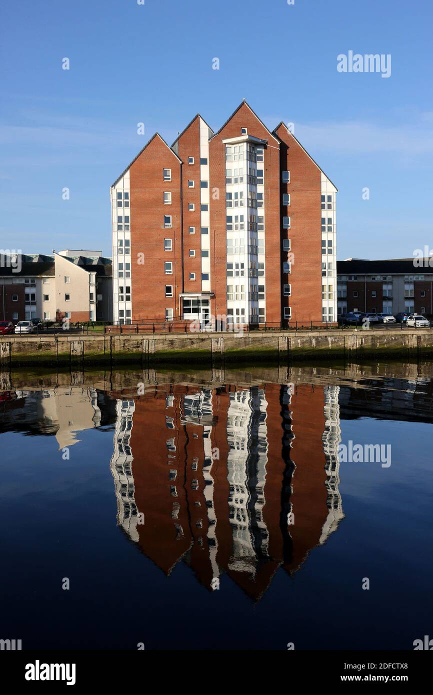 Ayr, Ayrshire, Scotland Reflection of high rise flats in the River Ayr