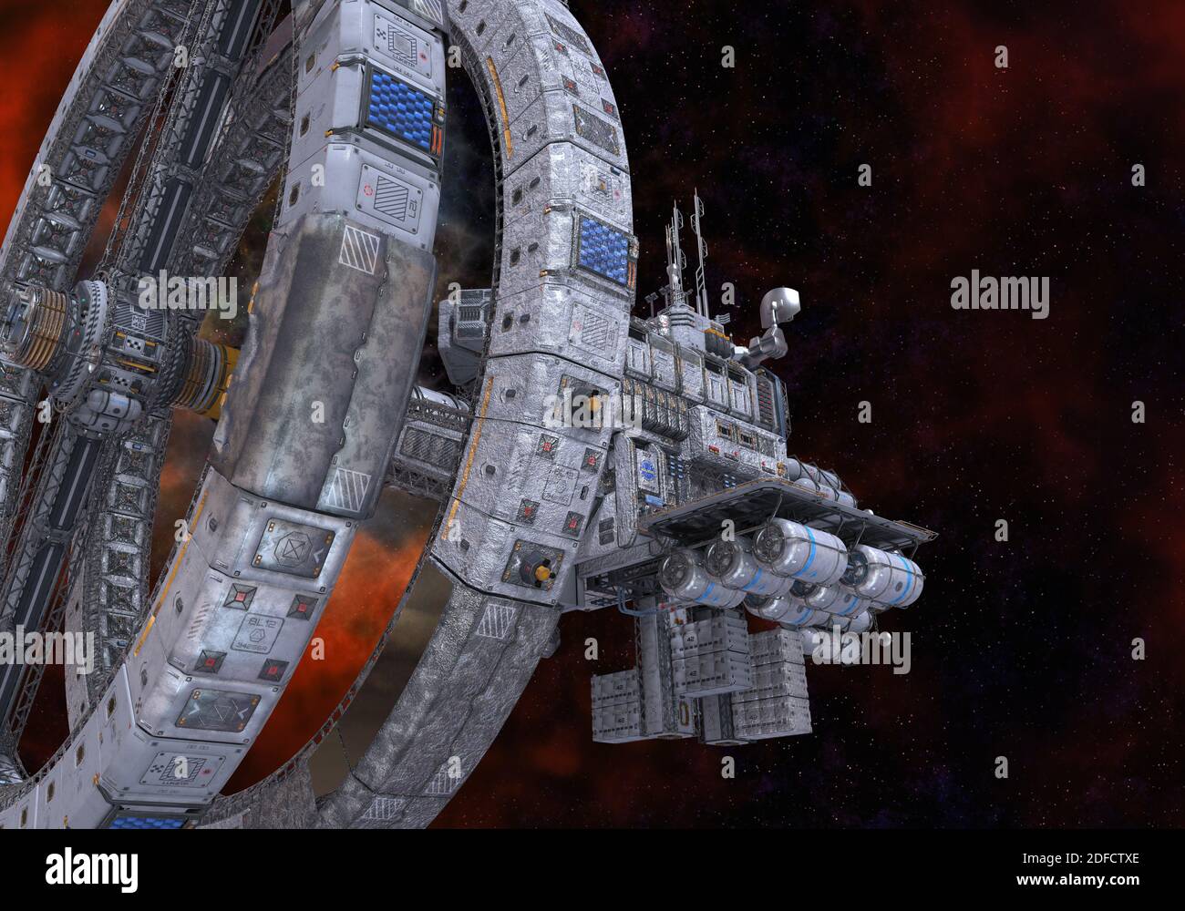 3D illustration future space station in deep space Stock Photo - Alamy