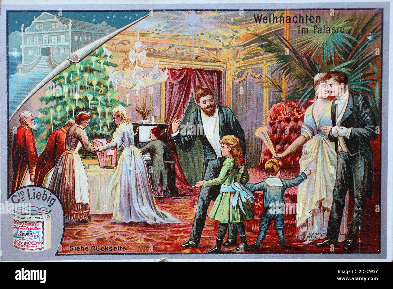Picture series Christmas, Christmas at the palace  /  Bildserie Weihnachtsfest, Weihnachten im Palast, Liebigbild, digital improved reproduction of a collectible image from the Liebig company, estimated from 1900, pd  /  digital verbesserte Reproduktion eines Sammelbildes von ca 1900, gemeinfrei, Stock Photo
