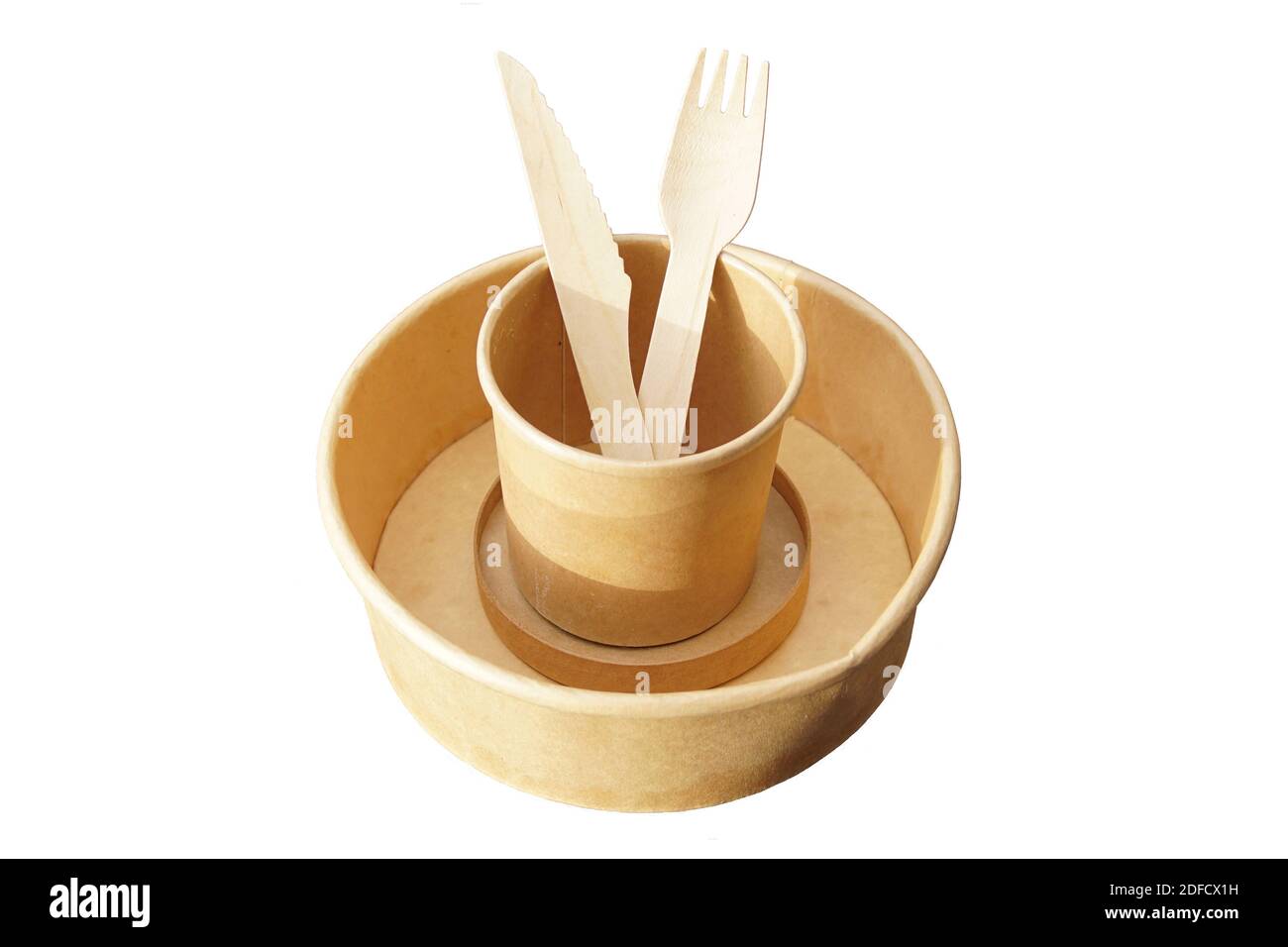 Paper plate and cup with wooden knife and fork from a takeaway ...