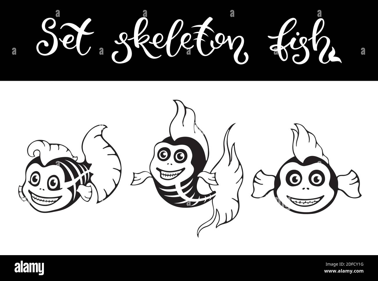 Cute set fish skeletons. Halloween template for print, pattern. Stock Vector