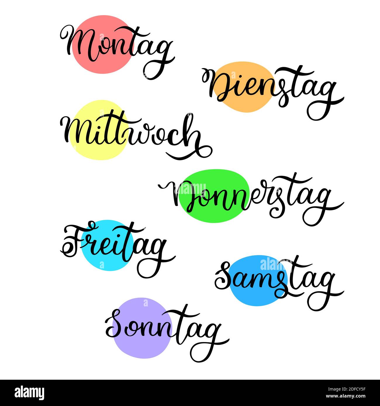 Days of the week. Set of stylized words. Sunday, Monday, Tuesday, Wednesday,  Thursday, Friday, Saturday lettering. Vector illustration Stock Vector  Image & Art - Alamy