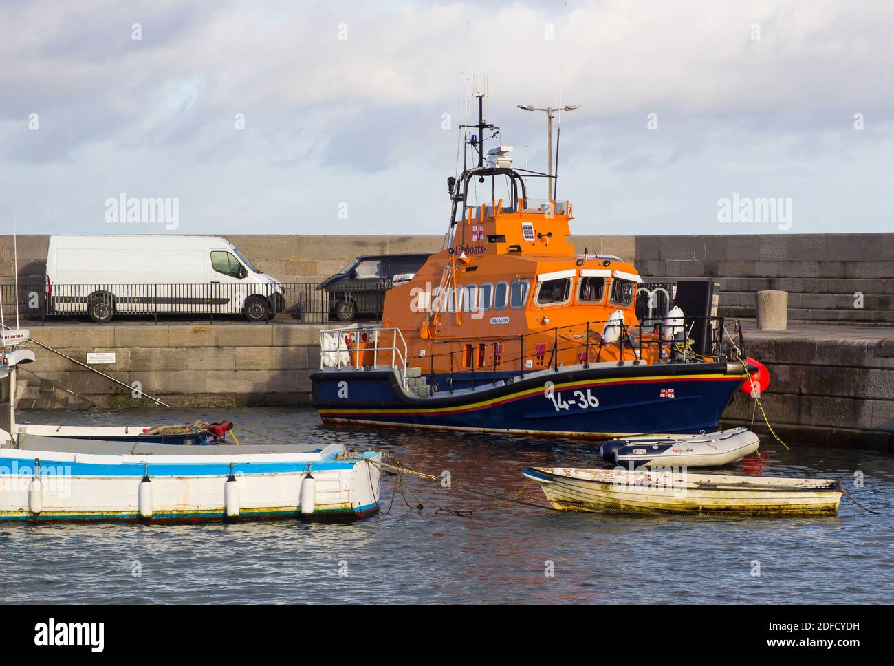 2 December 2020 Donaghadee Harbour and Lifeboat on the Ards Peninsula in Northern Ireland bathed in winter sunshine on a bight yet cold winter afterno Stock Photo