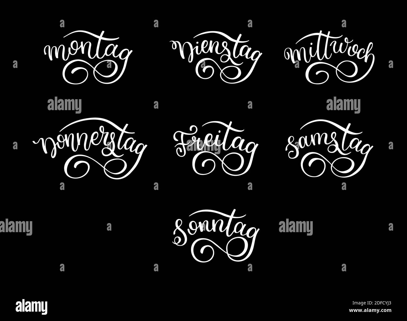 Lettering in German, days of the week - Monday, Tuesday, Wednesday, Thursday, Friday, Saturday