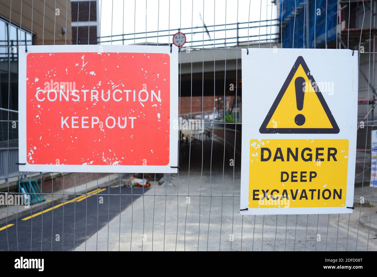 warning sign of deep excavation at roadworks in the city of Leeds Yorkshire United Kingdom Stock Photo