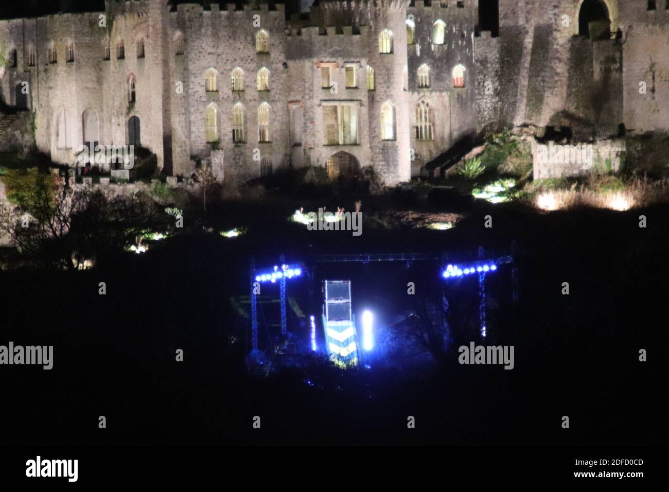 Gwrych Castle Abergele North Wales, I'm a celebrity get me out of here Gwrych castle lit up at night. In front of the castle is the cyclone trial also lit up. Credit: Mike Clarke/Alamy Live News Stock Photo