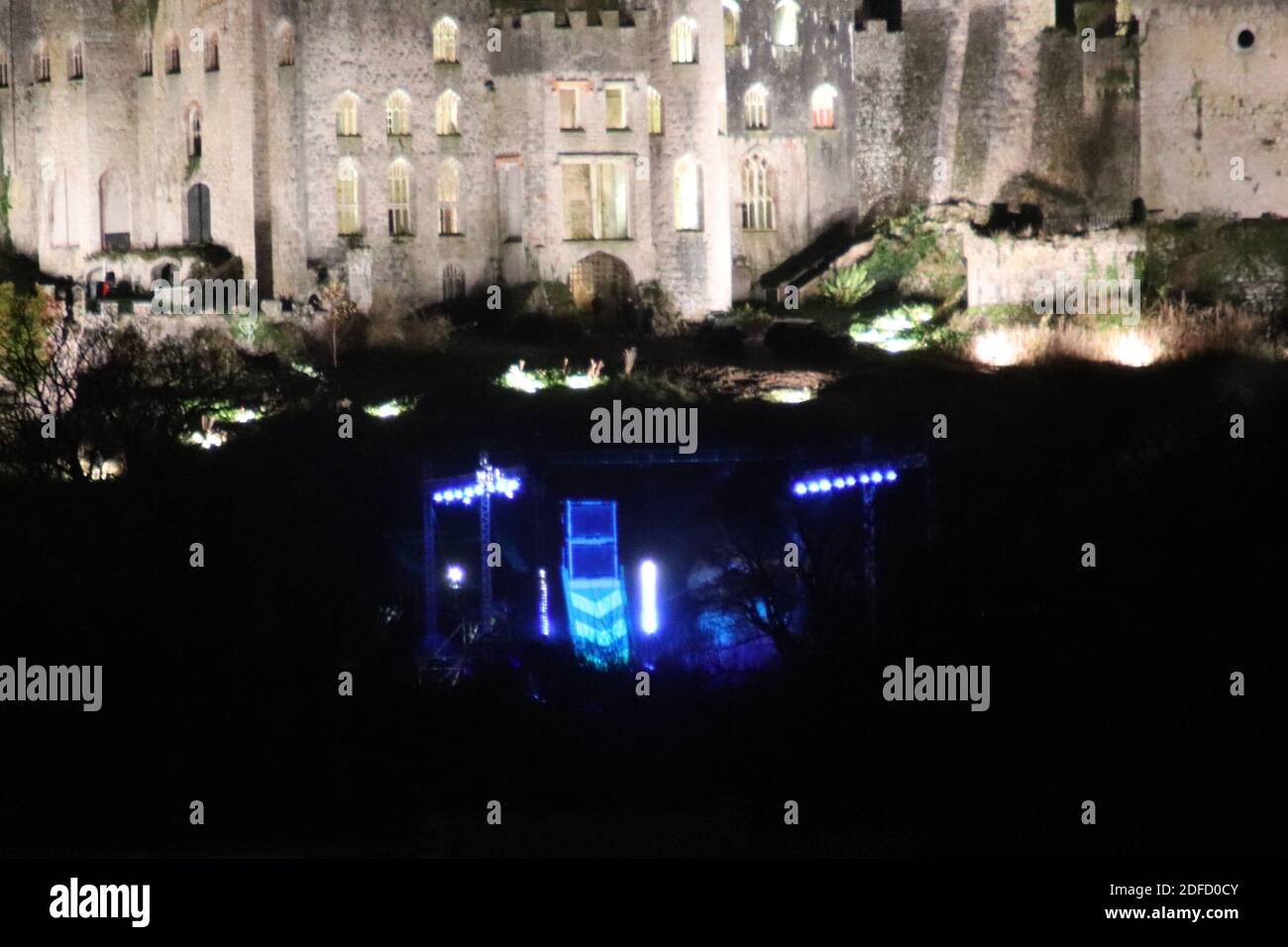Gwrych Castle Abergele North Wales, I'm a celebrity get me out of here Gwrych castle lit up at night. In front of the castle is the cyclone trial also lit up. Credit: Mike Clarke/Alamy Live News Stock Photo