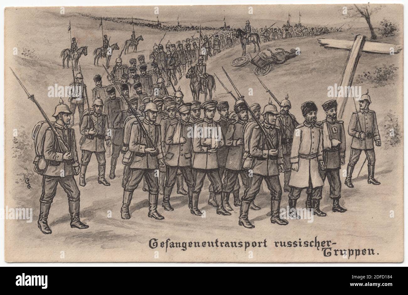 Russian prisoners of war march escorted by German escort soldiers during the First World War depicted in the drawing by an unknown artist dated probably from 1914 to 1917 and published in the German vintage postcard. Text in German means: Transport of Russian troops. Courtesy of the Azoor Postcard Collection. Stock Photo