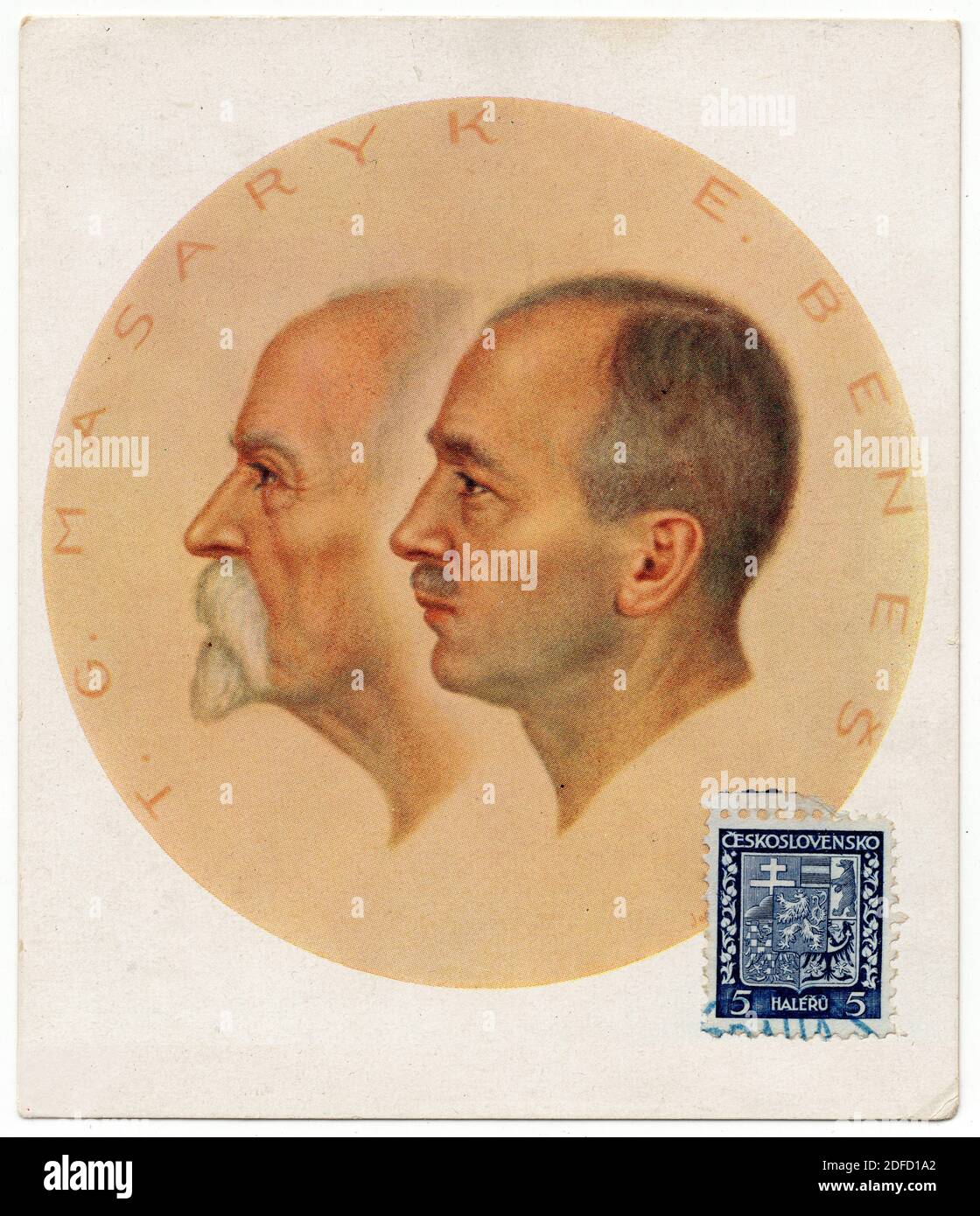 Czechoslovak presidents Tomáš Garrigue Masaryk and Edvard Beneš depicted from left to right in the double portrait by Czech artist Jóža Bělohorský (1938) published in the Czechoslovak vintage postcard in occasion of the 20th anniversary of the independence of Czechoslovakia. Courtesy of the Azoor Postcard Collection. Stock Photo