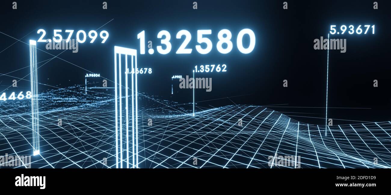 Data visualization concept, glowing numbers and wireframe grid structure,  business, science, research or financial wallpaper 3D illustration  rendering Stock Photo - Alamy