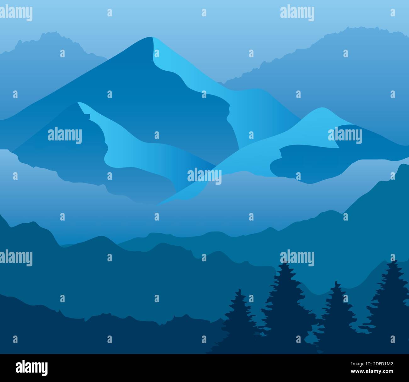 landscape of mountains and pine trees on blue background vector design ...