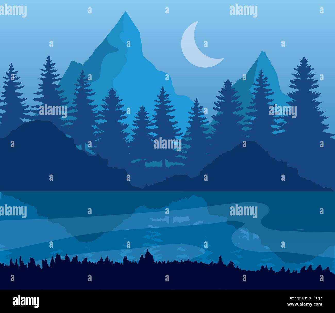 landscape of mountains lake pine trees and moon on blue background ...