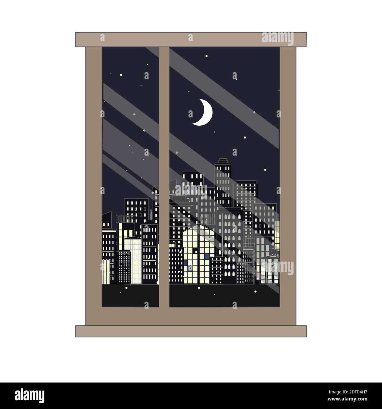 Window and night city view. Flat style vector illustration. Stock Vector
