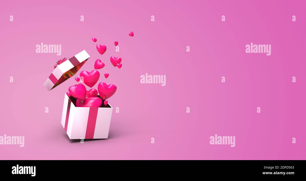 Hearts coming out of an open gift on pink background 3D rendering Stock Photo