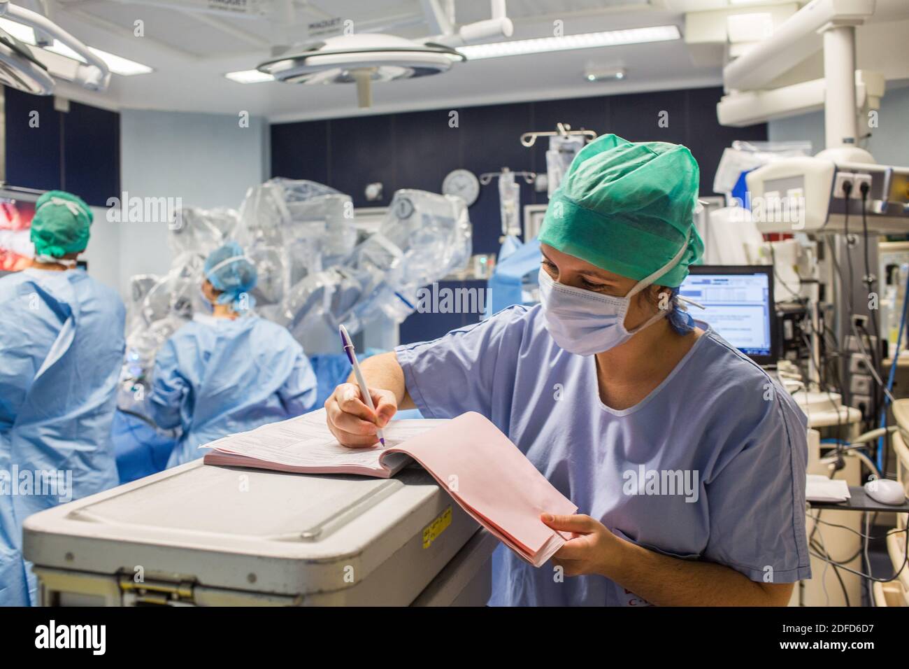 Nurse in an operating room in the urology department of Bordeaux hospital.France. Stock Photo
