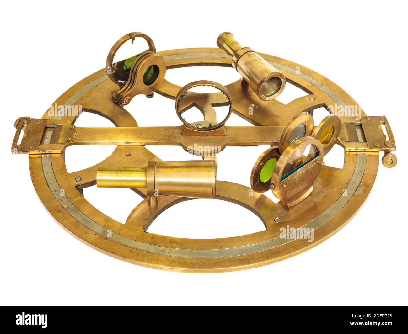 Ancient nautical astrolabe with lenses isolated on a white background Stock Photo