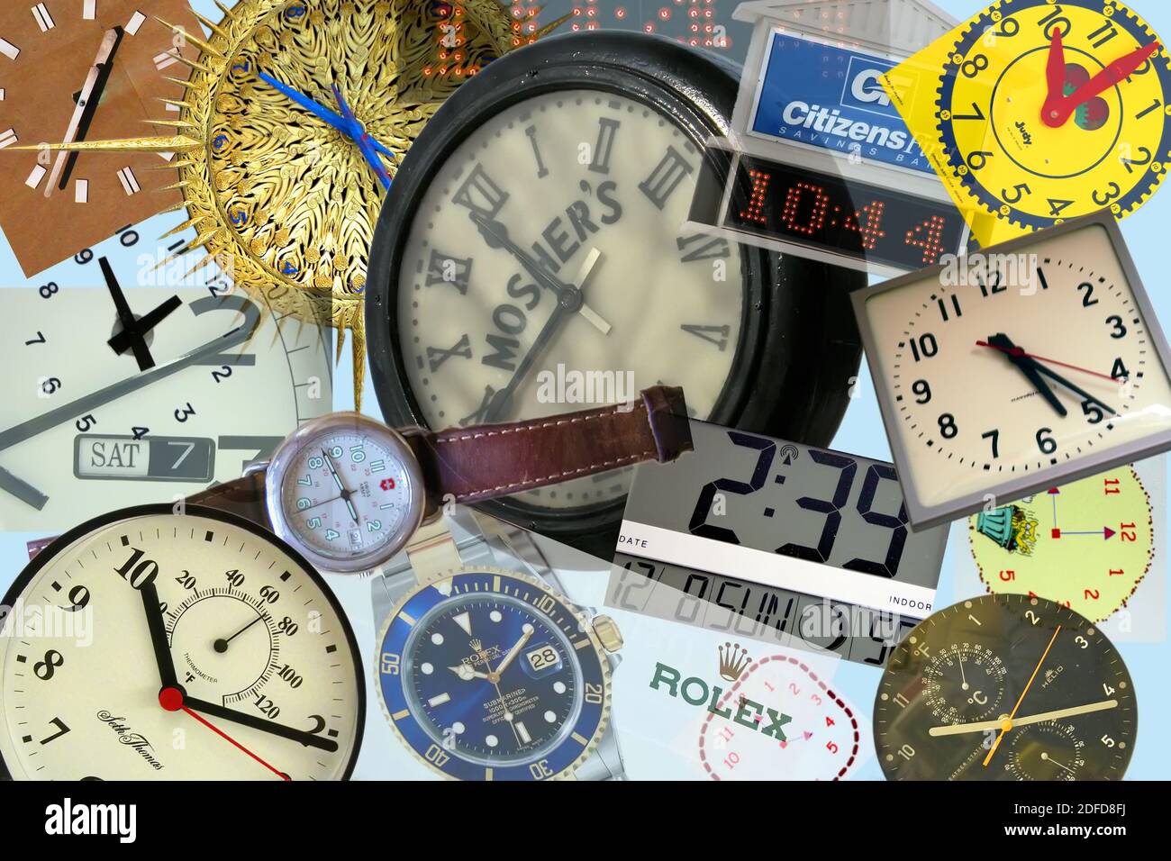 Collage of time pieces like watcher, clocks, stopwatch Stock Photo Alamy