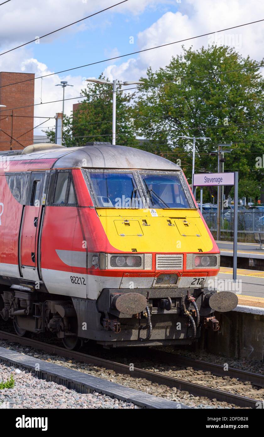 High speed train in LNER livery waiting at a platform at Stevenage railway station, England. Stock Photo