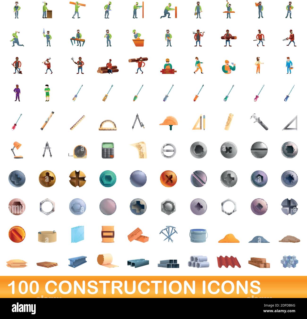 100 construction icons set. Cartoon illustration of 100 construction icons vector set isolated on white background Stock Vector