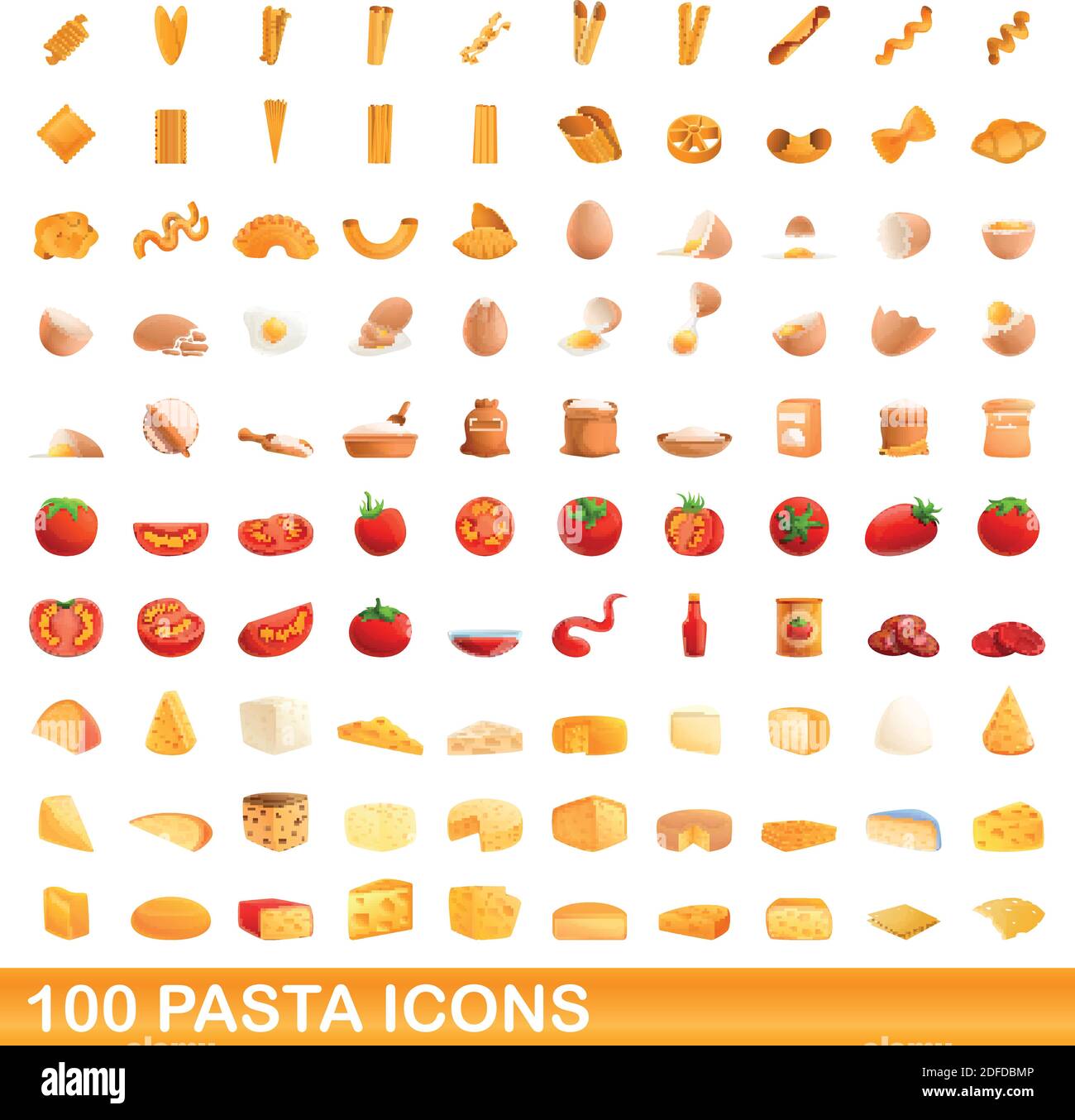 100 pasta icons set. Cartoon illustration of 100 pasta icons vector set ...