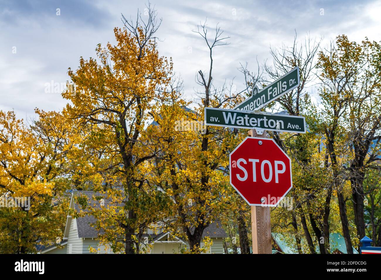 Waterton Village. Town street signpost in autumn season morning. Waterton Lakes National Park, Alberta, Canada. Stock Photo