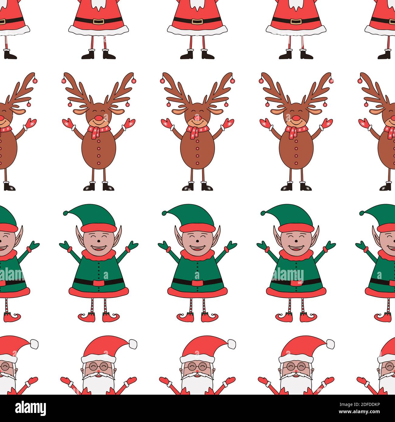 Christmas seamless pattern made from Santa Claus, Elf and Deer characters on white background. Stock Vector