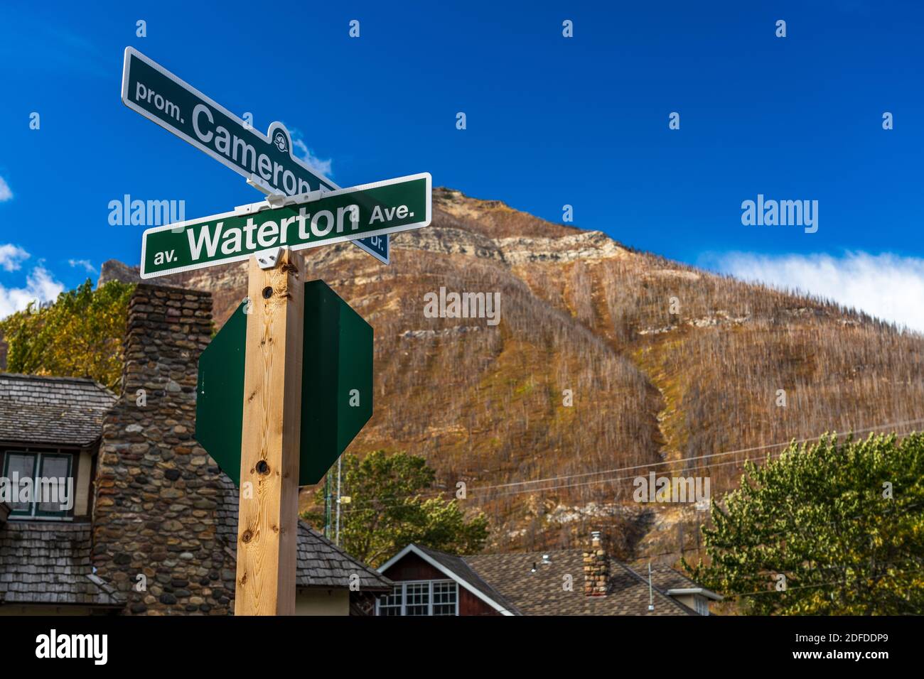 Waterton Village. Town street signpost in autumn season morning. Waterton Lakes National Park, Alberta, Canada. Stock Photo