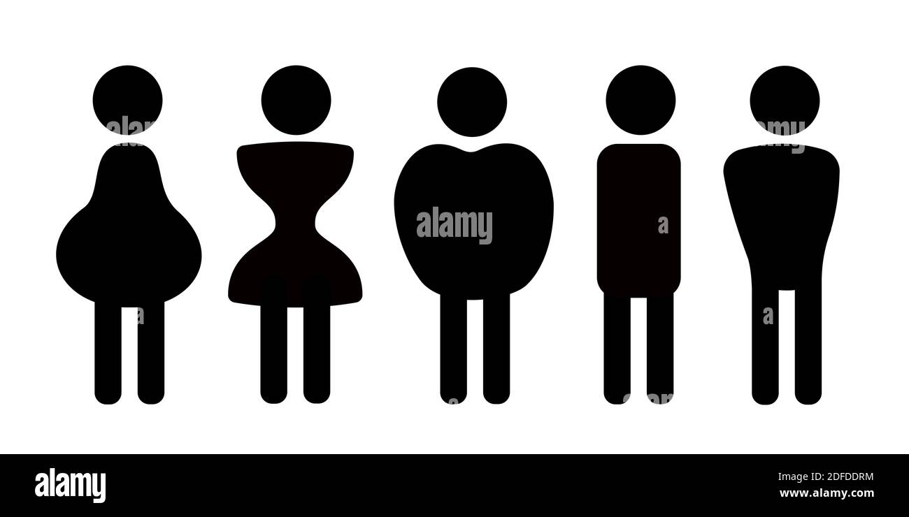 A set of female figure types, five types. Hourglass, X-silhouette. Pear, A-shaped  type. Rectangle, H-shaped silhouette. Apple, O-shaped type. Inverted Stock  Vector Image & Art - Alamy