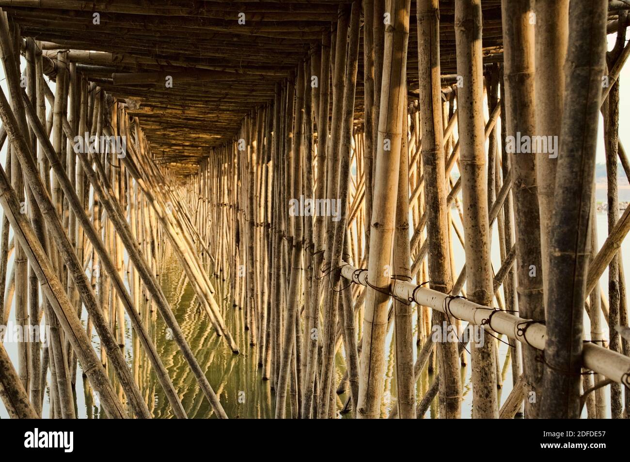 View under the old traditional bamboo wooden bridge across Mekong river, Kampong Cham, Cambodia Stock Photo