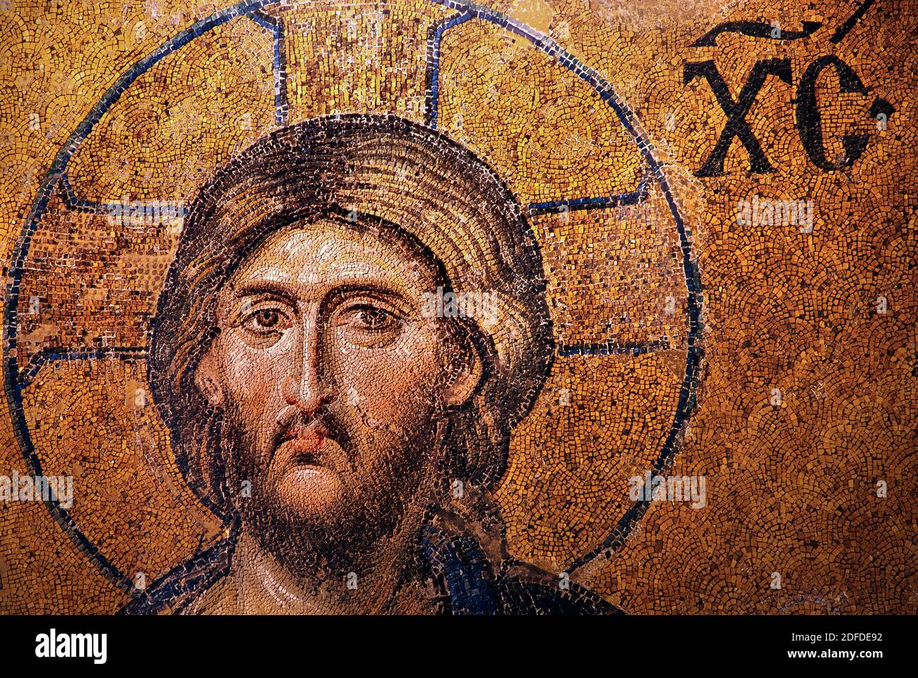 'Detail' from the Deesis mosaic depicting Jesus Christ in Hagia Sophia, Istanbul, Turkey. Stock Photo