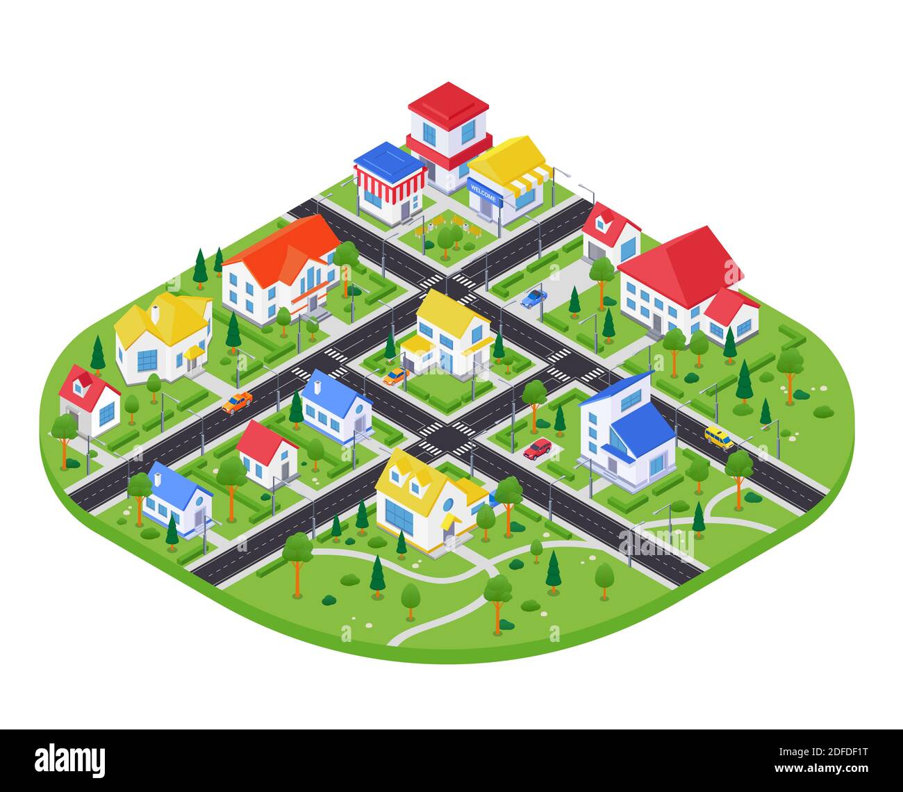 Town architecture - modern vector colorful isometric illustration. Landscape with housing complex, apartment houses, cottages, cafes and shops road wi Stock Vector