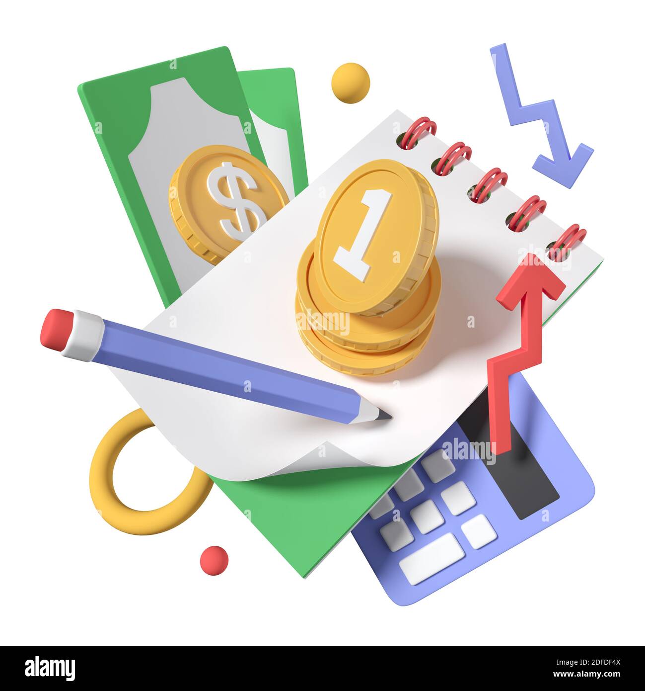 Financial planning - modern colorful realistic 3d illustration. Budgetary management and calculation of expenses idea. A composition with a notepad an Stock Photo