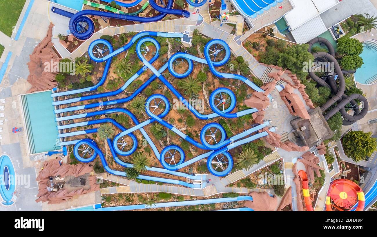 Aerial drone view of water park swimming pools on a summer day. Close-up. Stock Photo