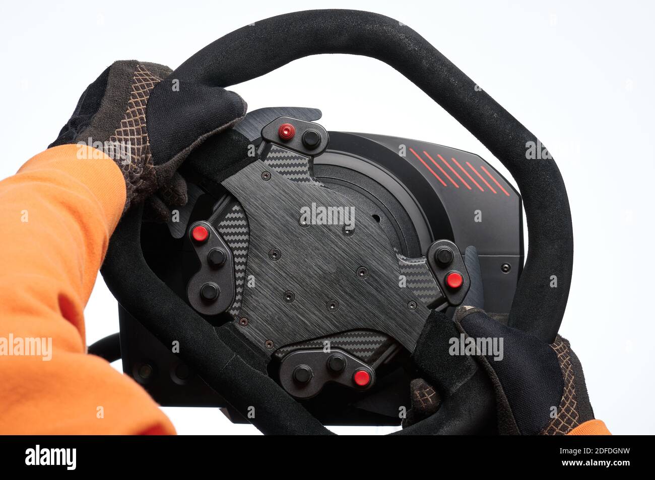 Turning sport car steering wheel isolated on white studio background Stock Photo