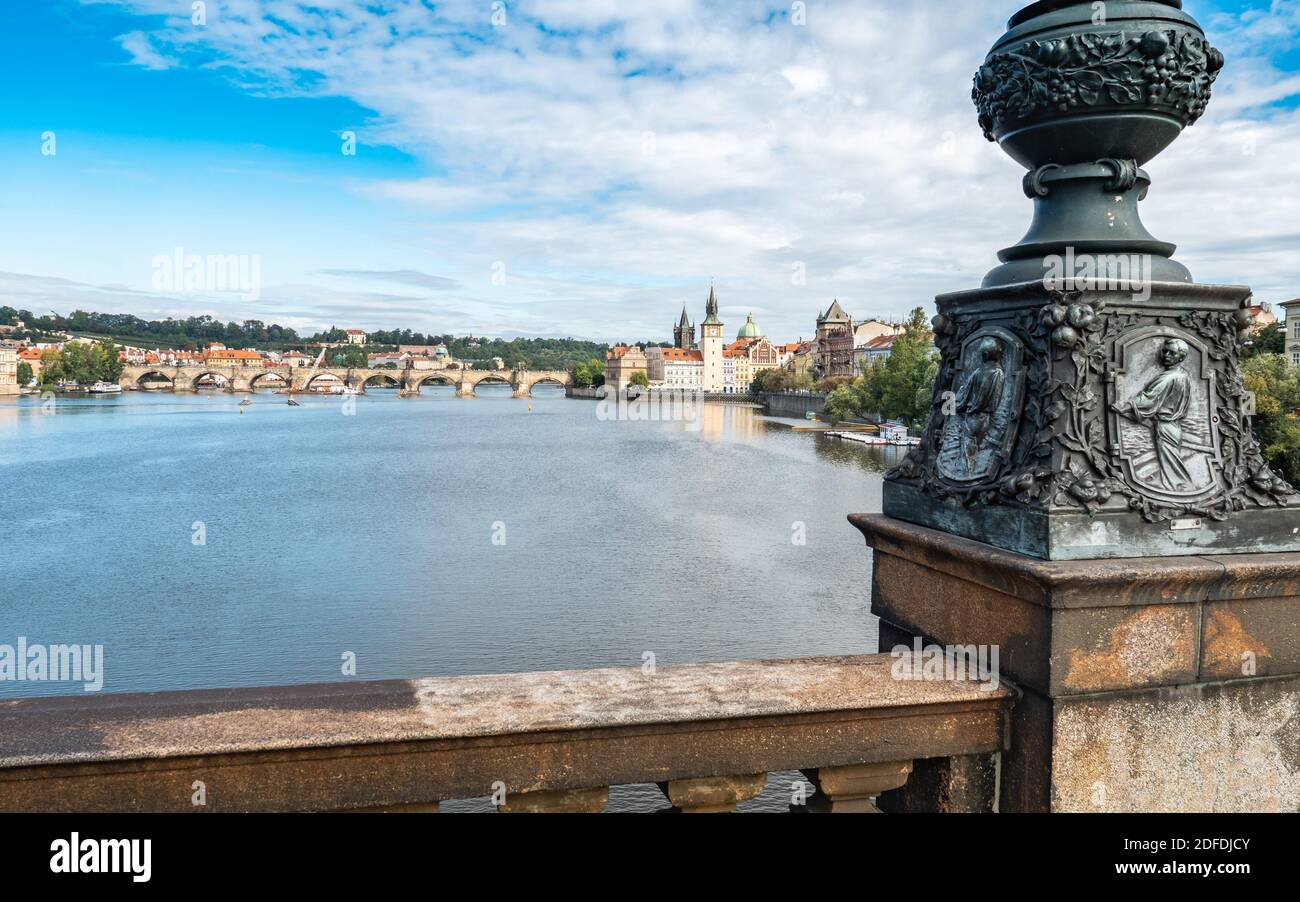 Prague and the Vlatava River. The Charles Bridge and Old Town Bridge Tower landmarks in the Czech Republic capital city. Stock Photo