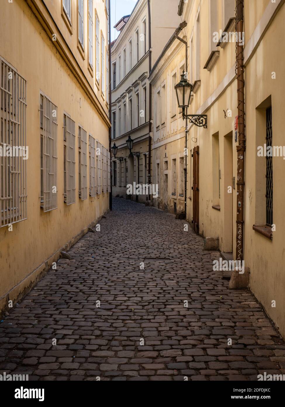 Cobbled back street; Old Town, Prague, Czech Republic. Typical architecture in a side street in the Old Town district of the Czech capital city. Stock Photo