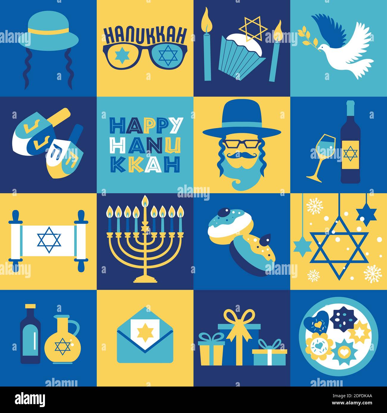 Jewish holiday Hanukkah greeting card traditional Chanukah symbols. Stock Vector