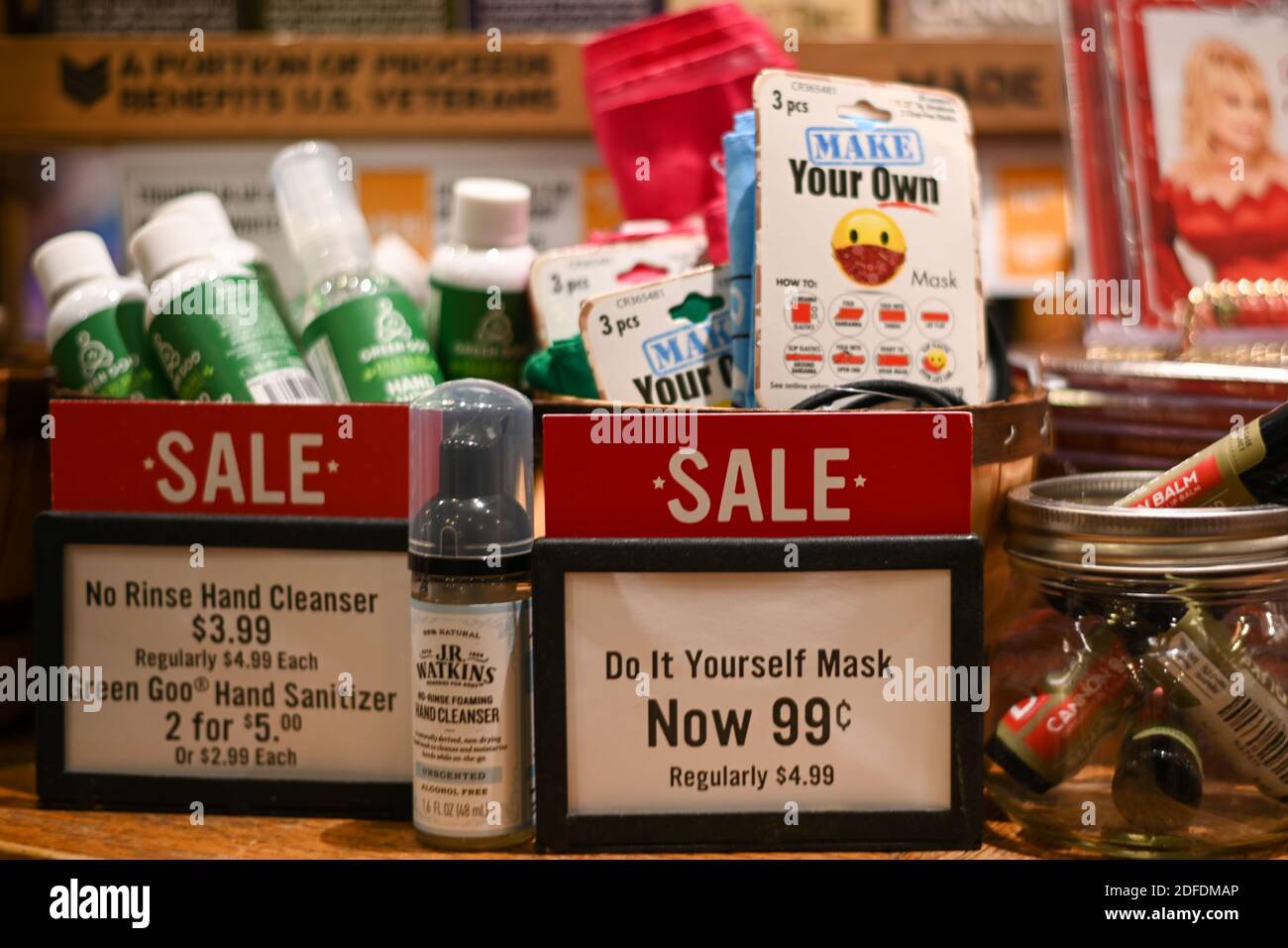 Detailed view personal protective equipment sold inside Cracker Barrel Old Country Store attempting to help curve the novel coronavirus outbreak, Wedn Stock Photo