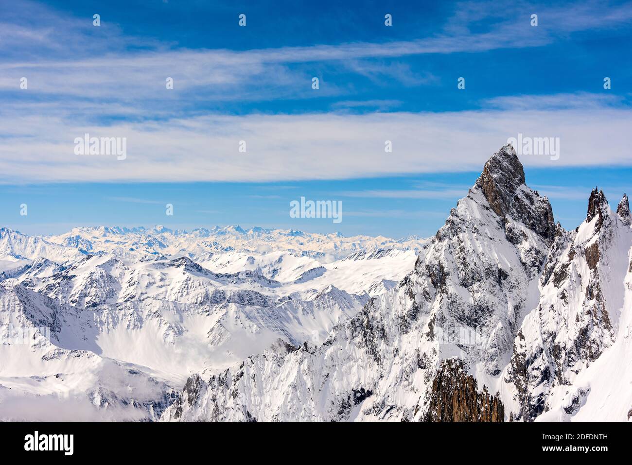 Panoramic view of the Italian Alps from Pointe Helbronner on the Mont Blanc (Monte Bianco) Stock Photo
