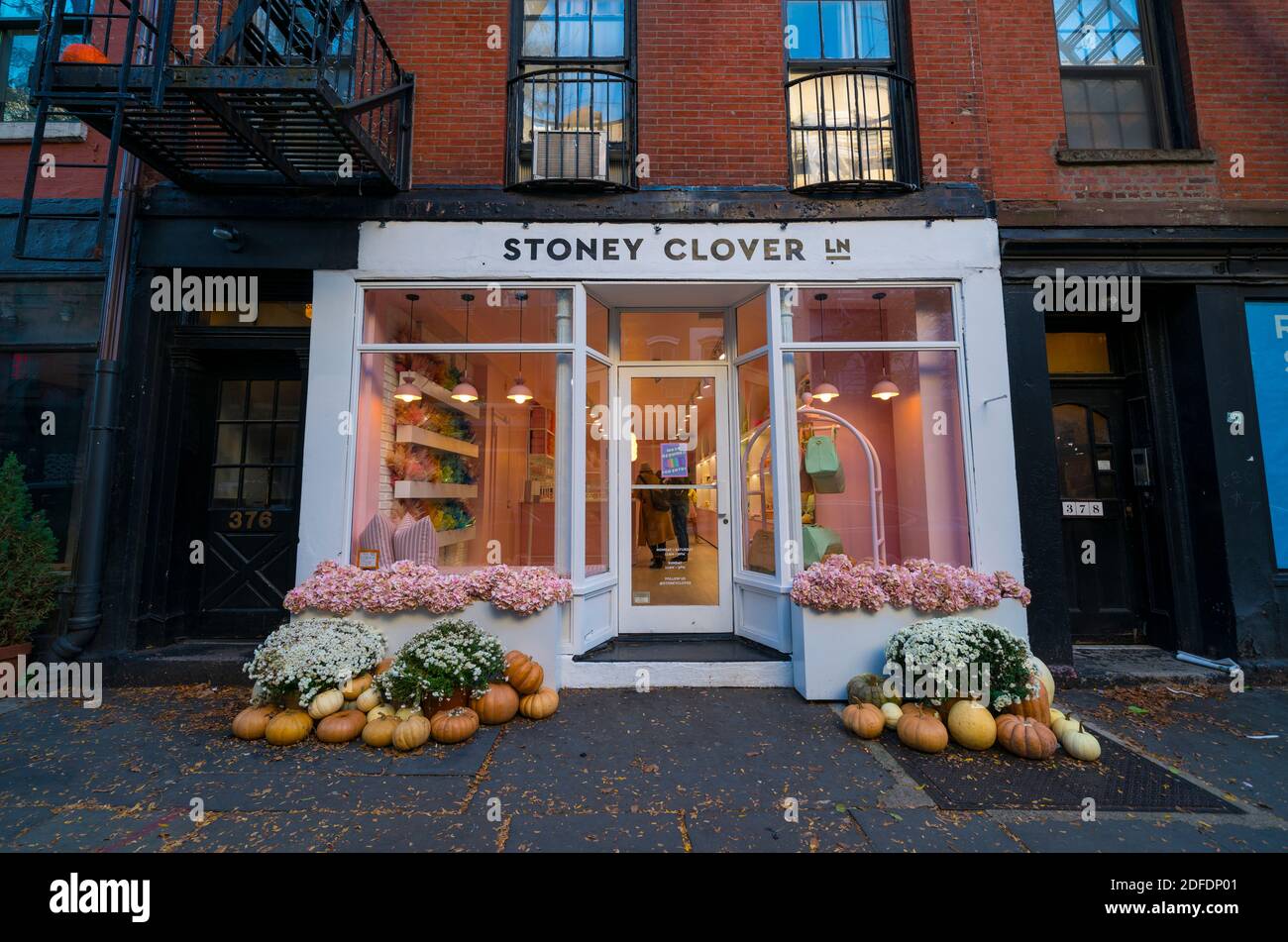 Beautiful Halloween decorations at storefront in West Village NYC Stock