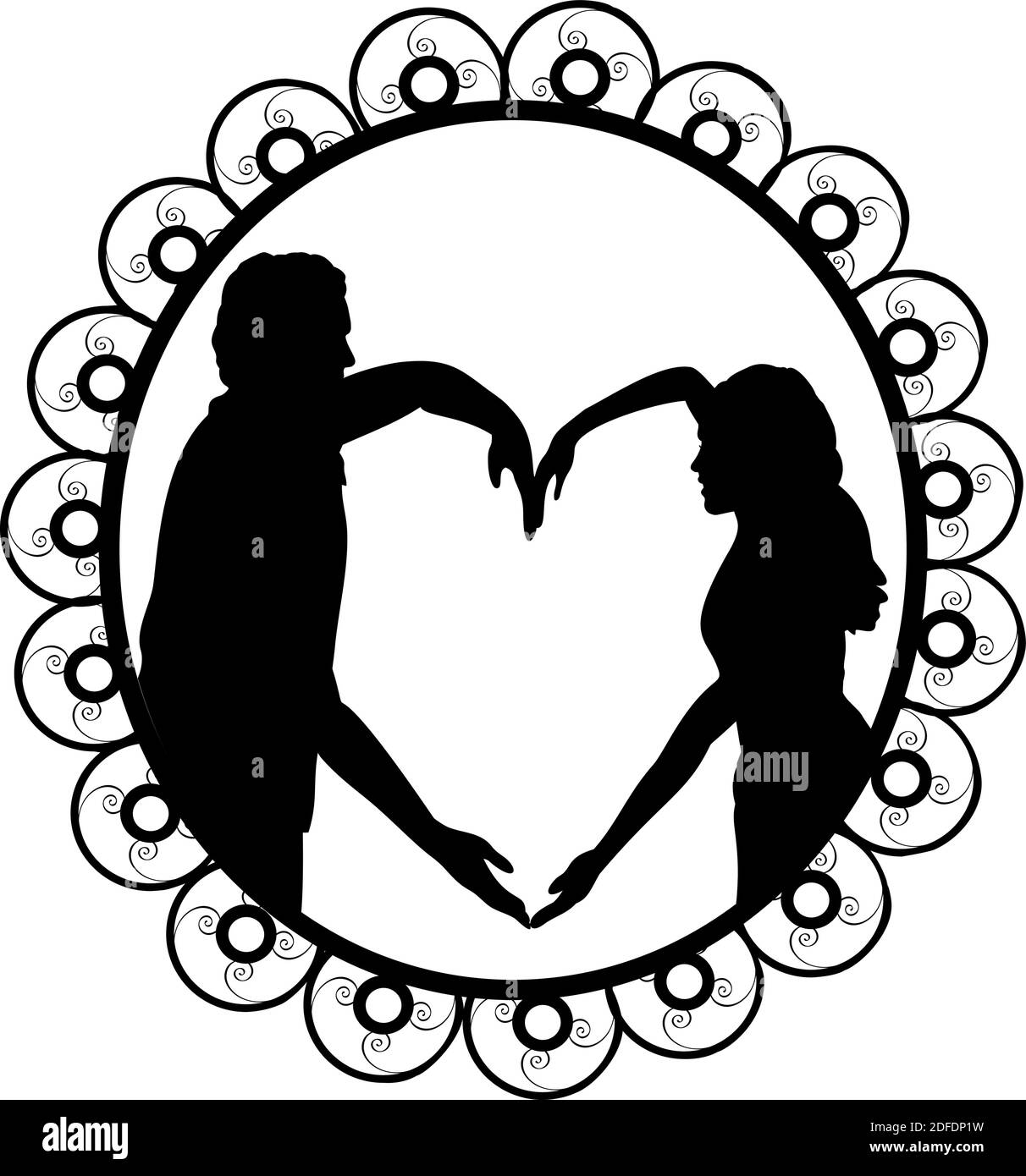 Silhouette in frame of couple in love depicting heart. Illustration ...