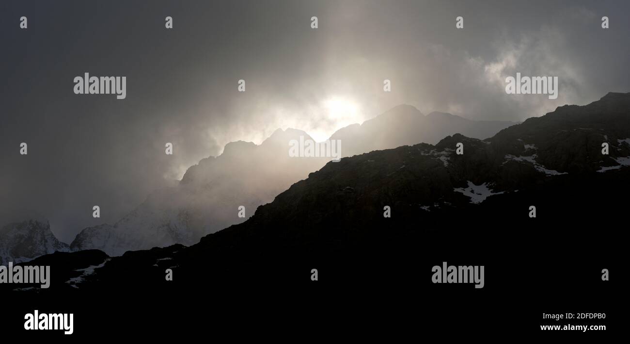 Peaks in Tena Valley, Panticosa Area, Pyrenees, Huesca Province, Aragon in Spain. Stock Photo